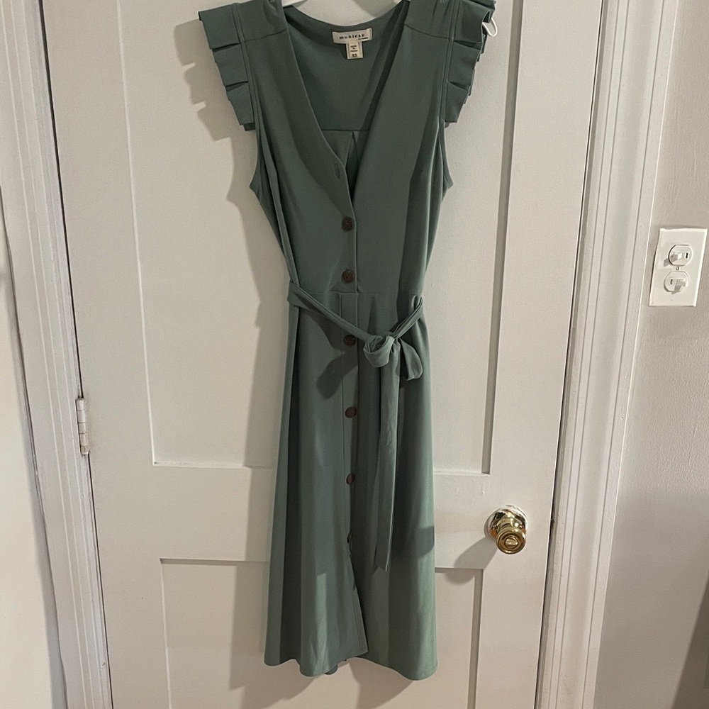 Olive Midi Dress with Ruffle Sleeves